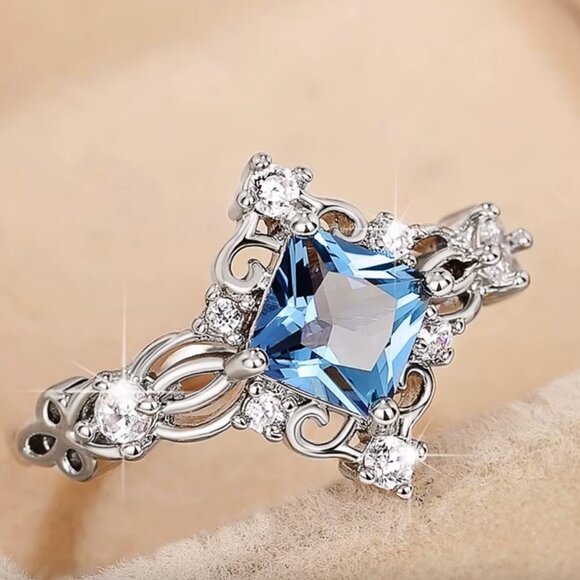 925 Sterling Silver Blue Topaz Princess Cut Ring 2 CT Blue Stone Ring